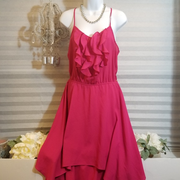 Bisou Bisou Dresses & Skirts - Size 6 Hot Pink Cinched Waist Ruffled Hi-Lo Dress